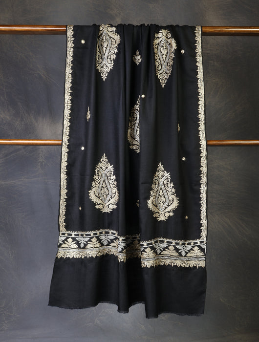 Black Base With Tilla Buteh Embroidery Pashmina Shawl