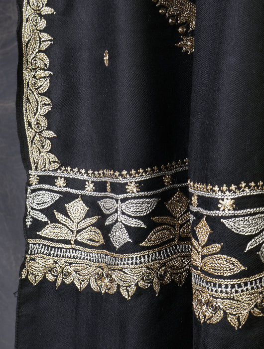 Black Base With Tilla Buteh Embroidery Pashmina Shawl