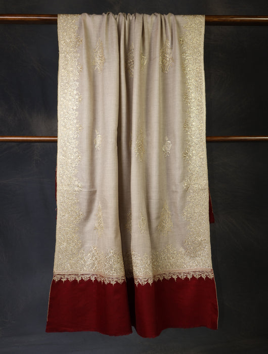 Natural Base With Maroon Border And Tilla Embroidery Pashmina Shawl