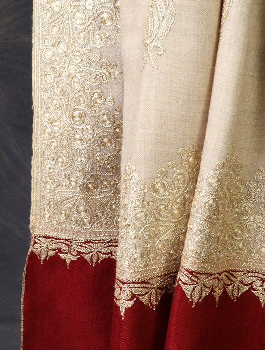 Natural Base With Maroon Border And Tilla Embroidery Pashmina Shawl