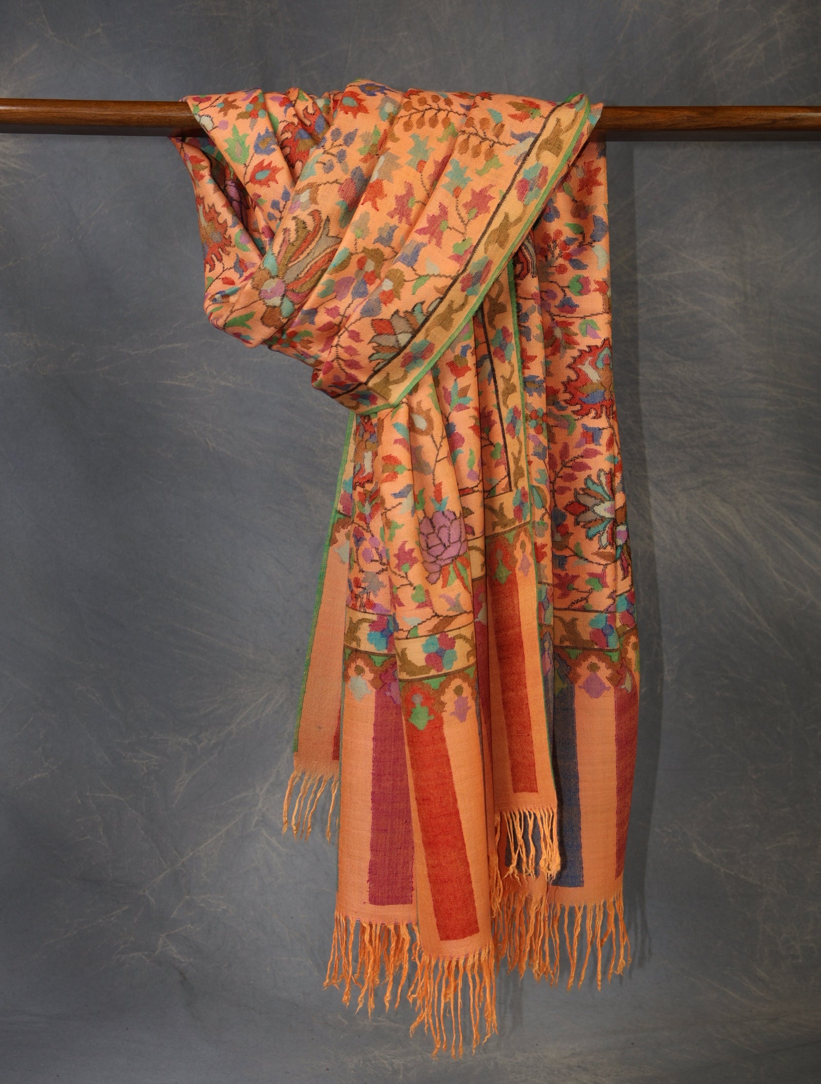 Peach Base Kani Cashmere Pashmina Shawl