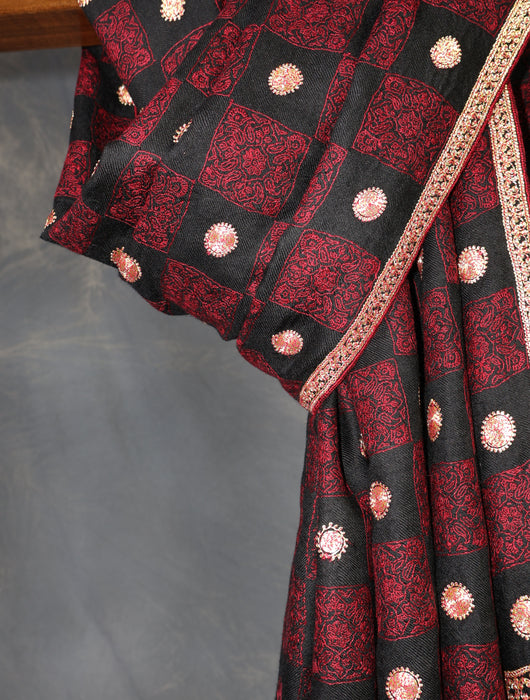 Maroon and Black Check Tilla Embroidery Pashmina Shawl