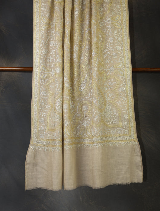 Ivory Base Gold & Silver Tilla Embroidery Pashmina Shawl