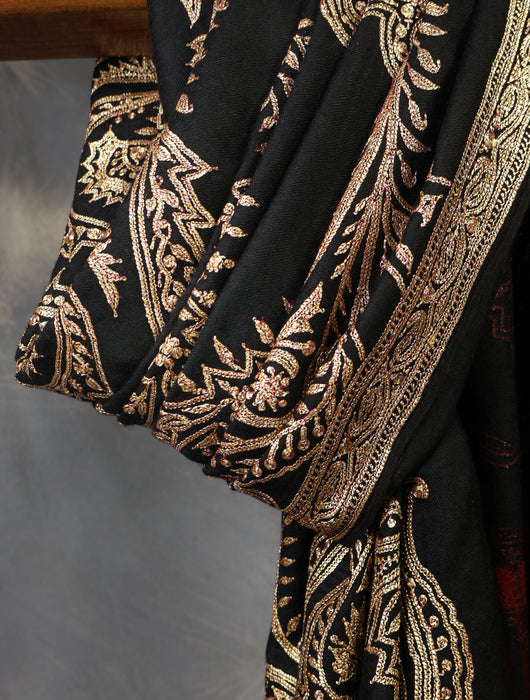 Black Base Gold Tilla Embroidery Pashmina Shawl