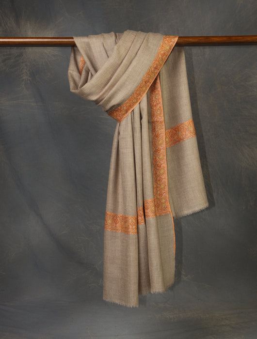 Natural Colour Base Big Border Embroidery Cashmere Pashmina Shawl