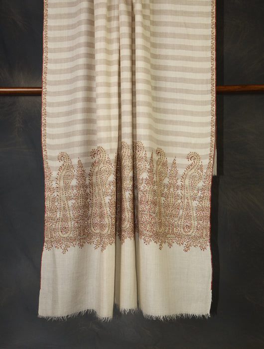 Ivory Striped Base With Big Border Embroidery Cashmere Pashmina Shawl