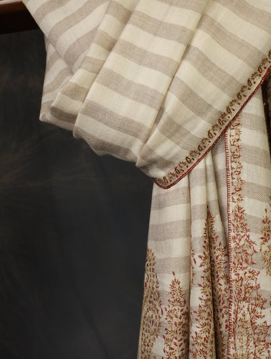 Ivory Striped Base With Big Border Embroidery Cashmere Pashmina Shawl