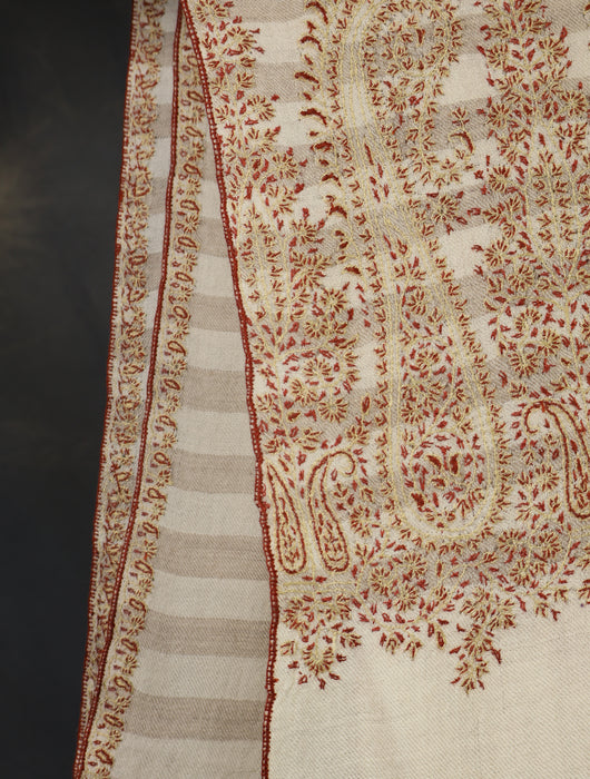 Ivory Striped Base With Big Border Embroidery Cashmere Pashmina Shawl