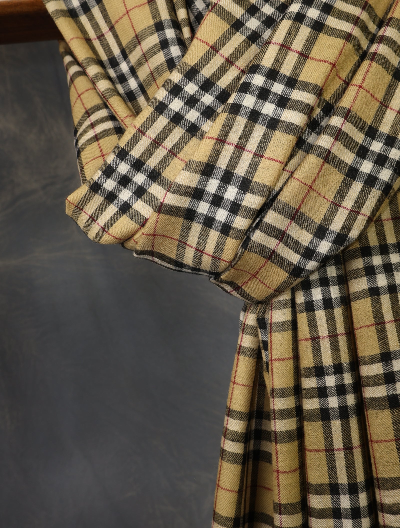 Beige With Black Check Handwoven Cashmere Pashmina Shawl