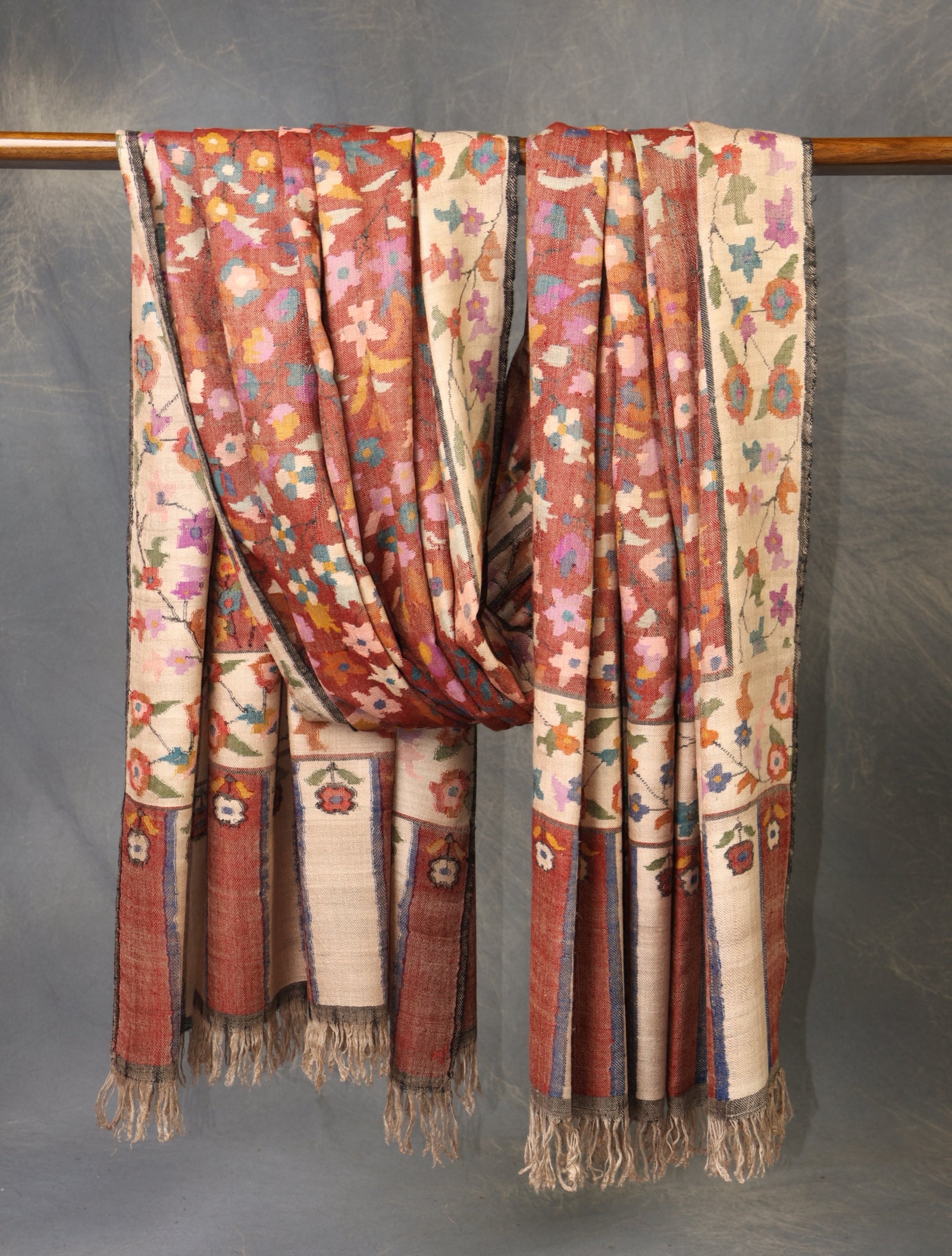 3 Yard Maroon Base Jamawar Kani Pashmina Shawl