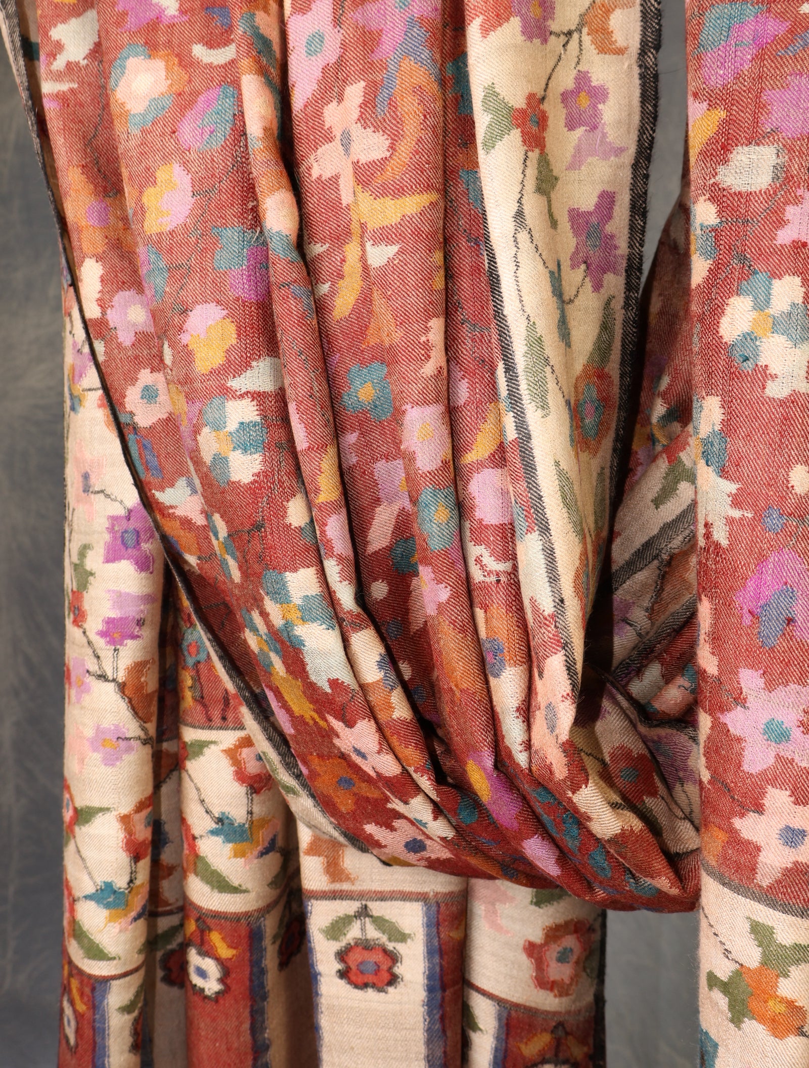 3 Yard Maroon Base Jamawar Kani Pashmina Shawl