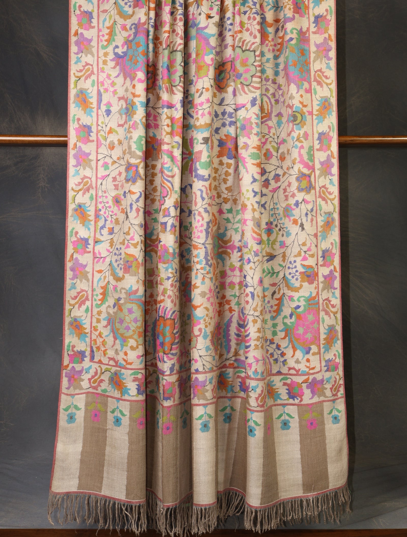 3 Yard Off White Base Multi Color Jamawar Kani Pashmina Shawl