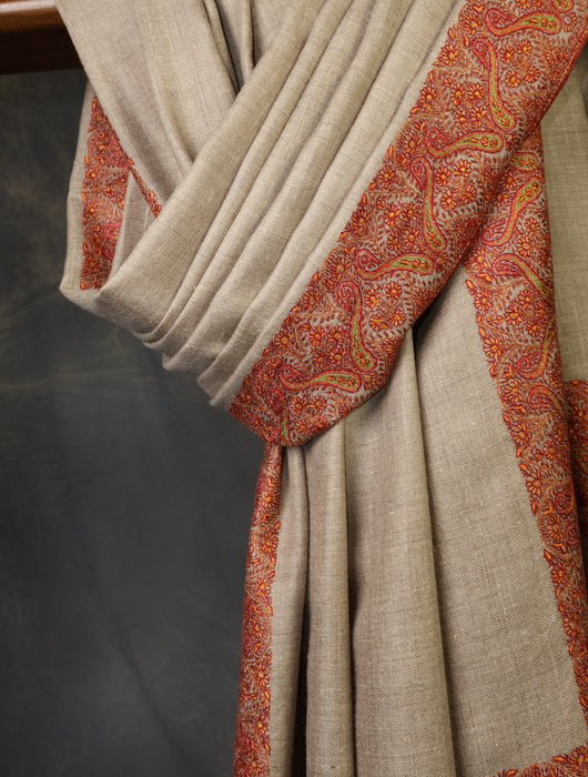Natural Colour Base Big Border Embroidery Cashmere Pashmina Shawl
