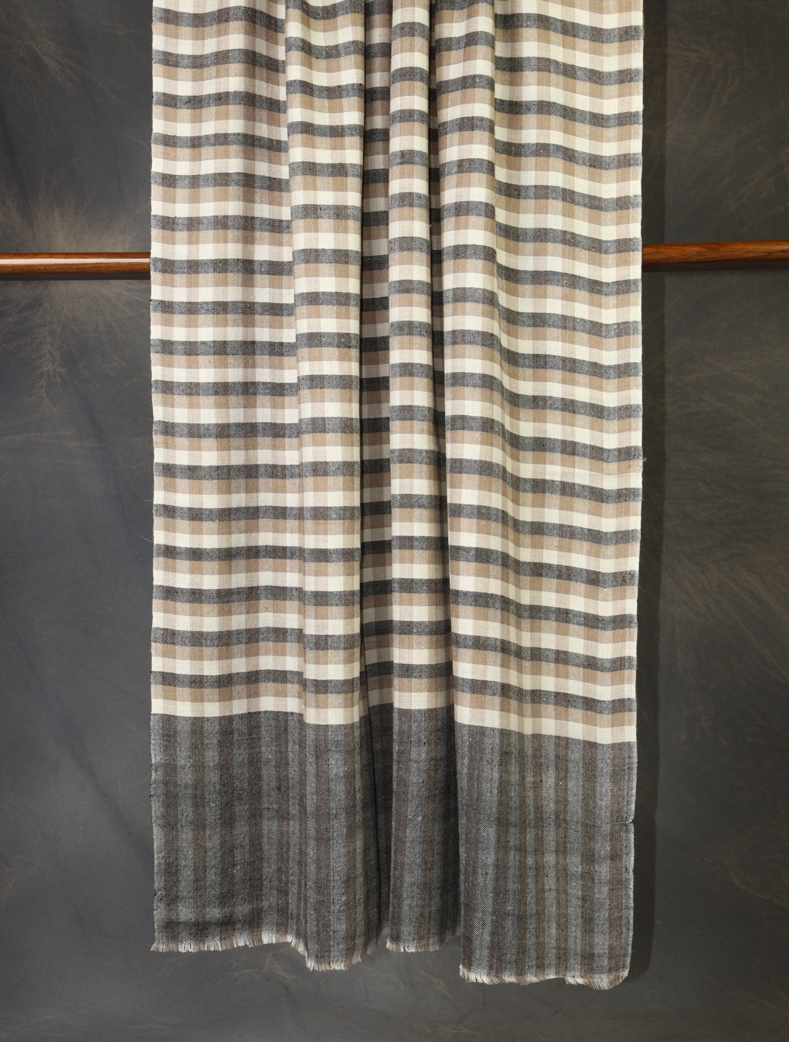 Natural and Black Checked Handwoven Cashmere Pashmina Shawl