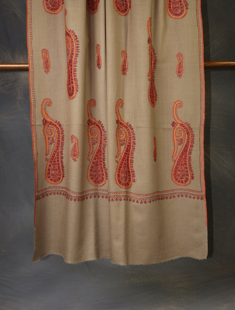 Natural Base Paisley Merino Embroidery Shawl