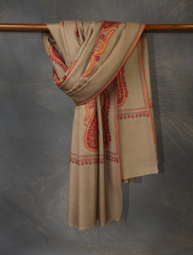 Natural Base Paisley Merino Embroidery Shawl