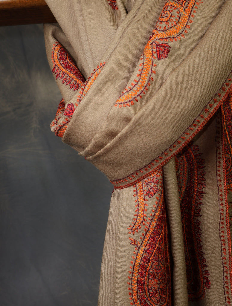 Natural Base Paisley Merino Embroidery Shawl