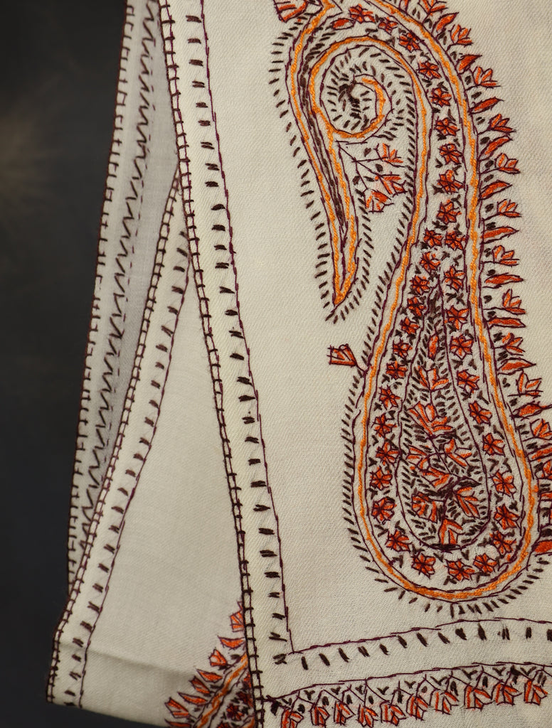 Ivory Base Paisley Merino Embroidery Shawl