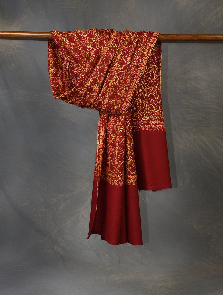 Maroon Base Jali Embroidery Merino Shawl
