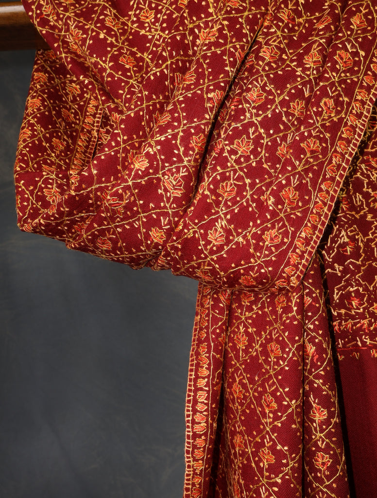Maroon Base Jali Embroidery Merino Shawl