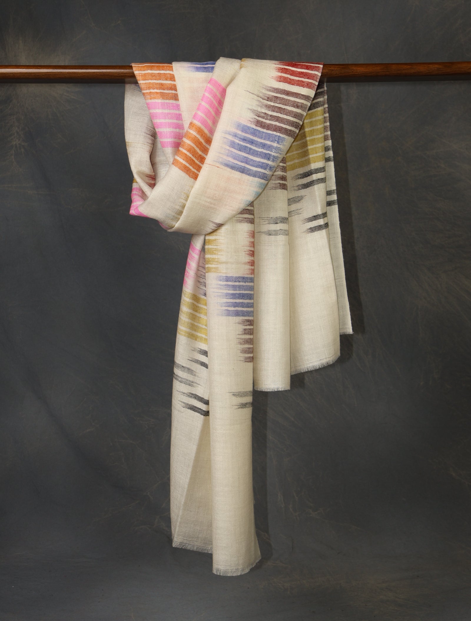 Ivory Base Multicolor Ikkat Handwoven Cashmere Pashmina Scarf