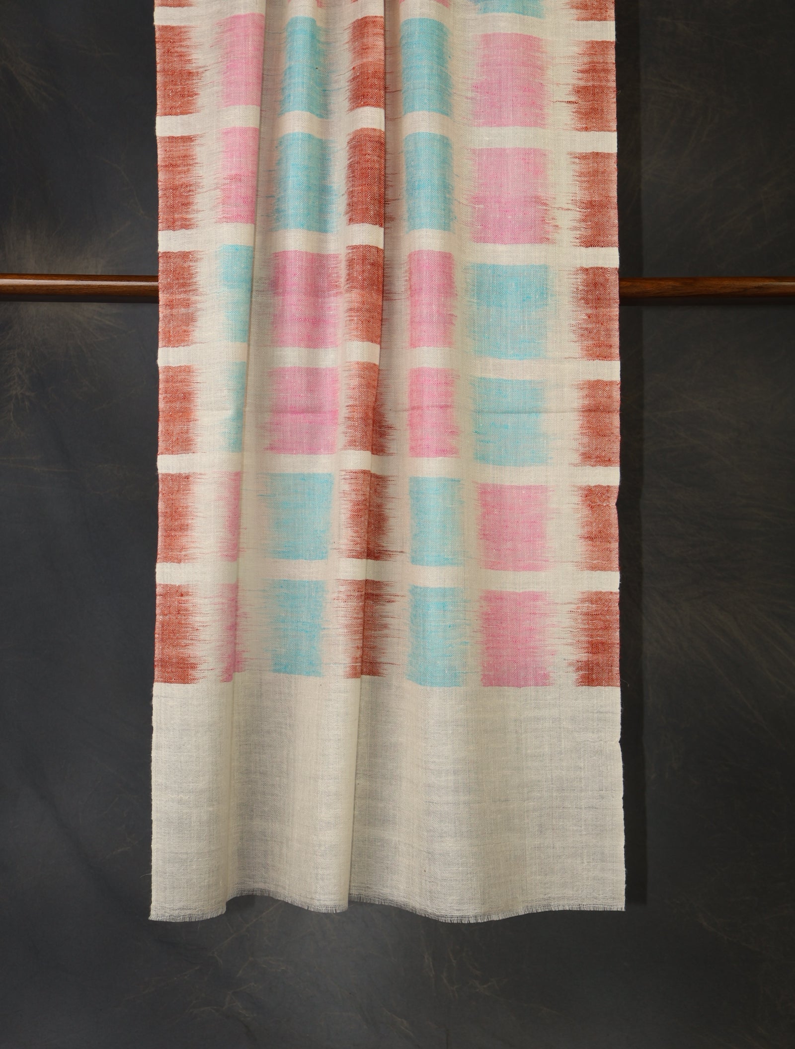 Ivory Base Multicolor Ikkat Handwoven Cashmere Pashmina Scarf