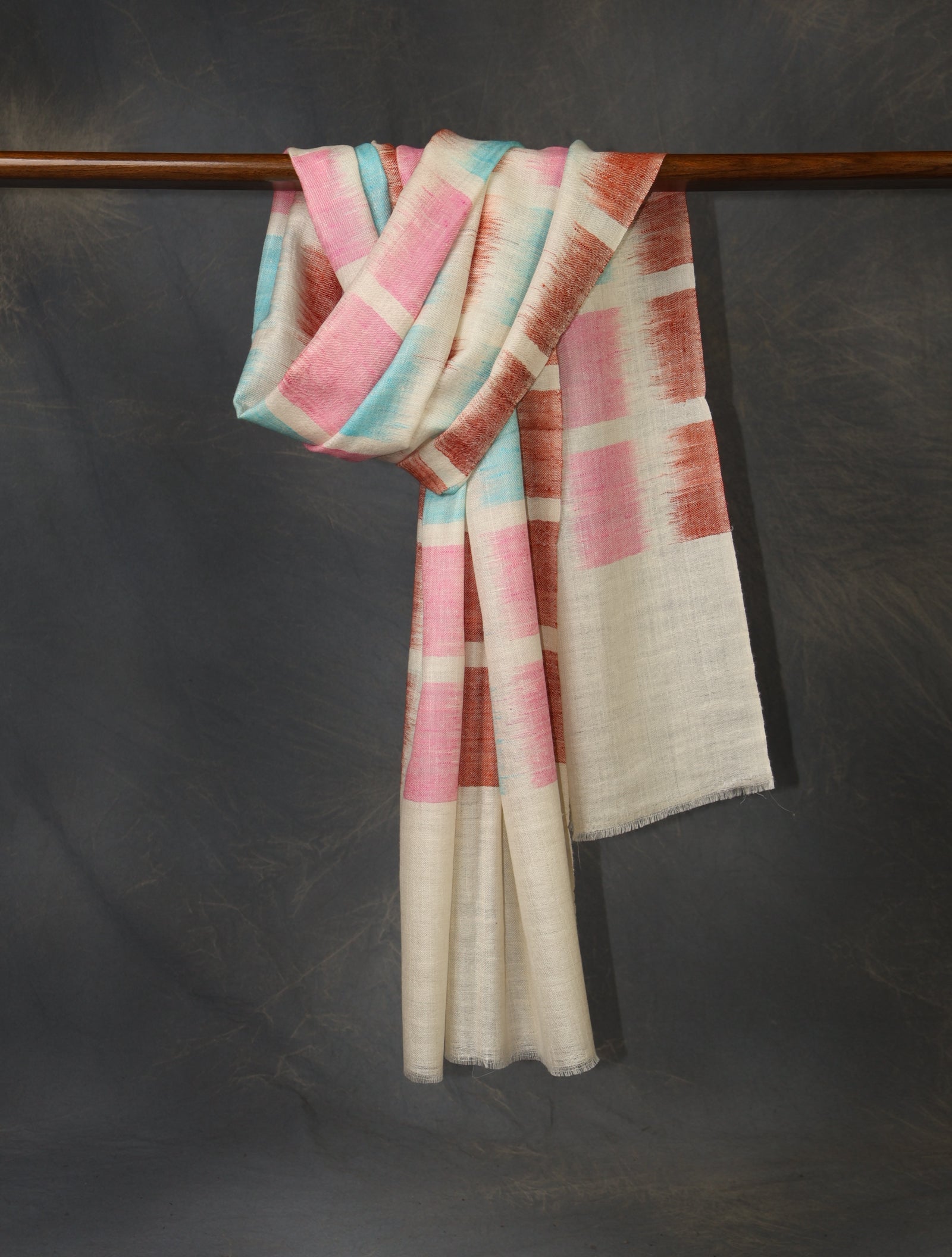 Ivory Base Multicolor Ikkat Handwoven Cashmere Pashmina Scarf