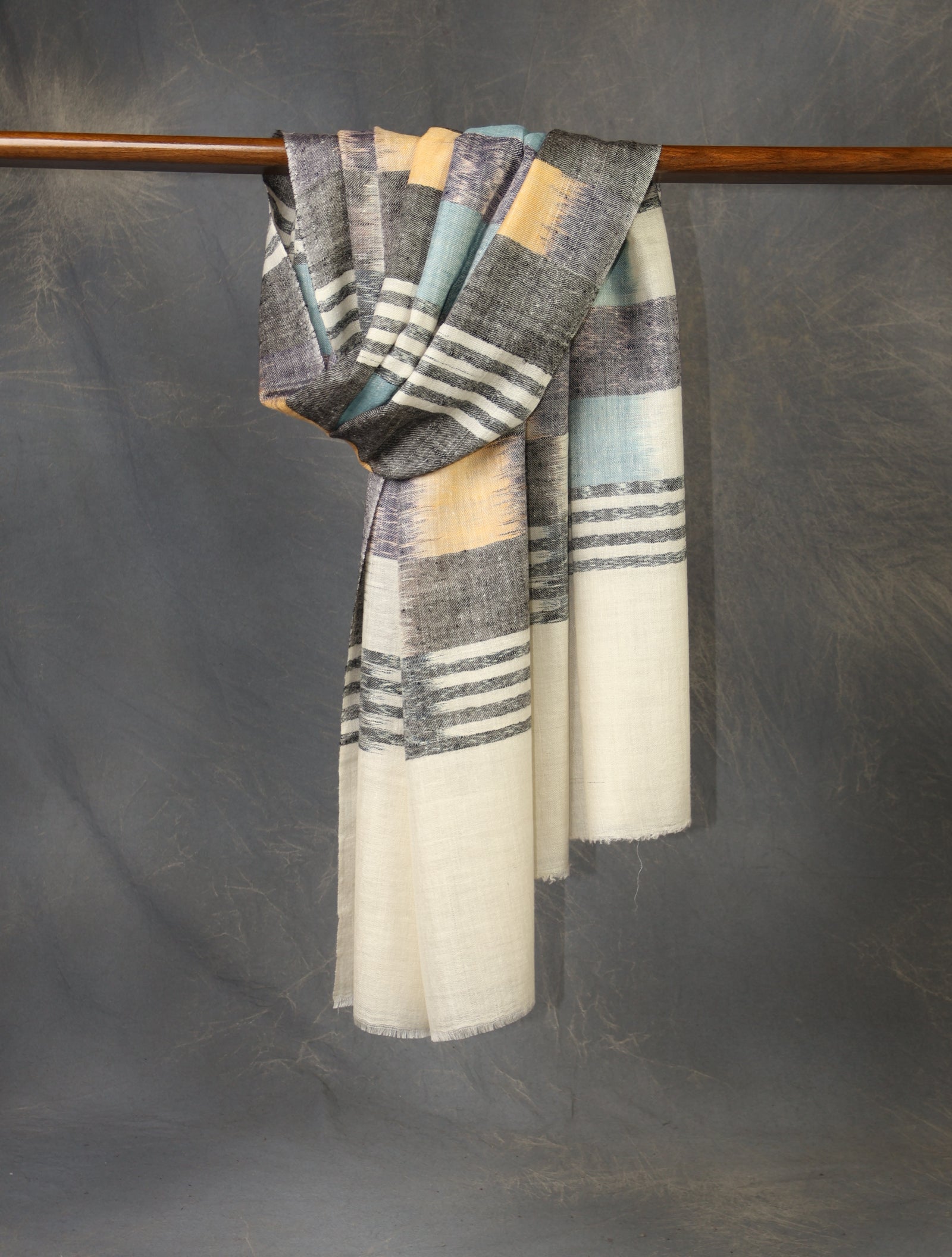 Ivory Base Multicolor Ikkat Handwoven Cashmere Pashmina Scarf