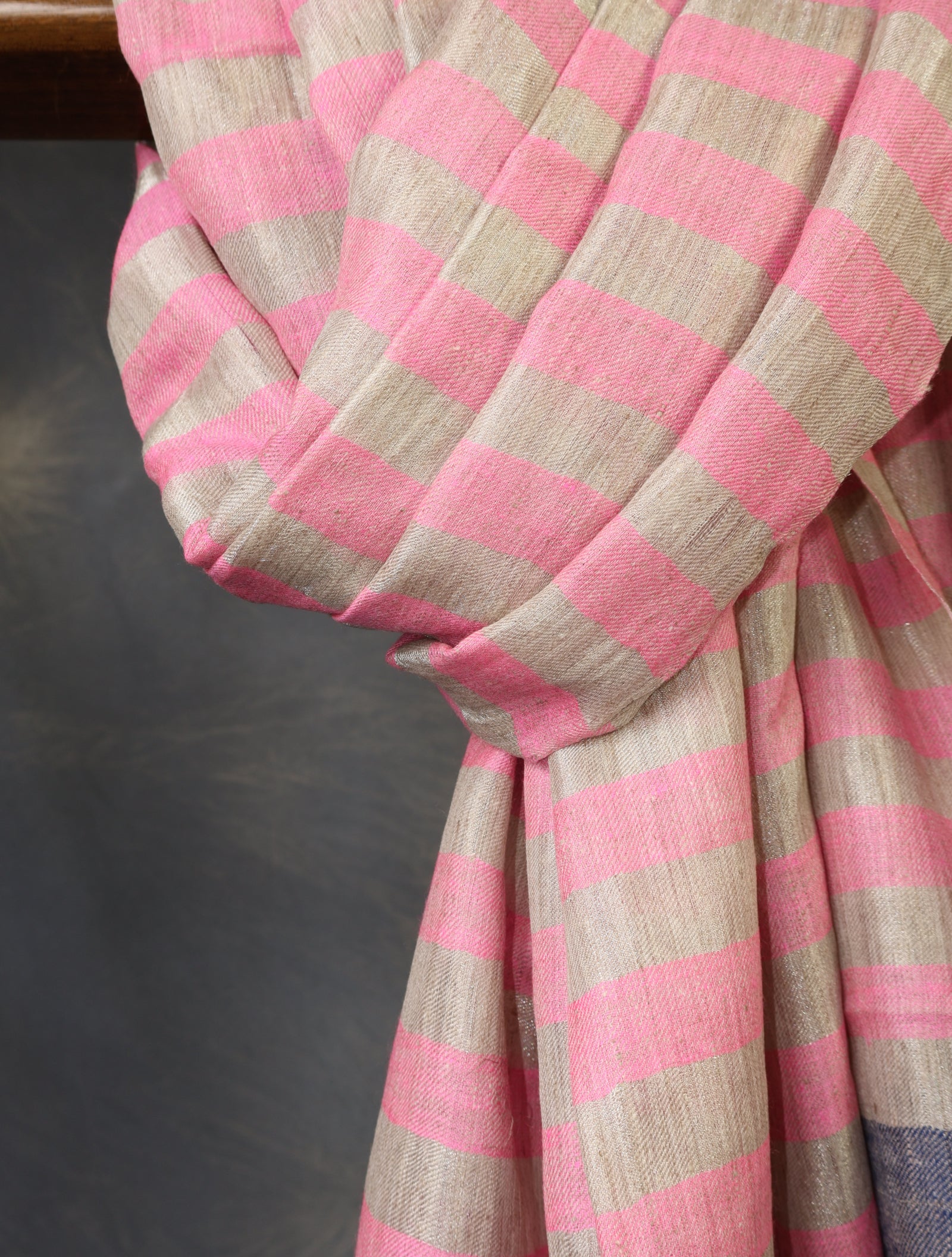 Baby Pink and Natural Zari Striped Handwoven Cashmere Pashmina Shawl