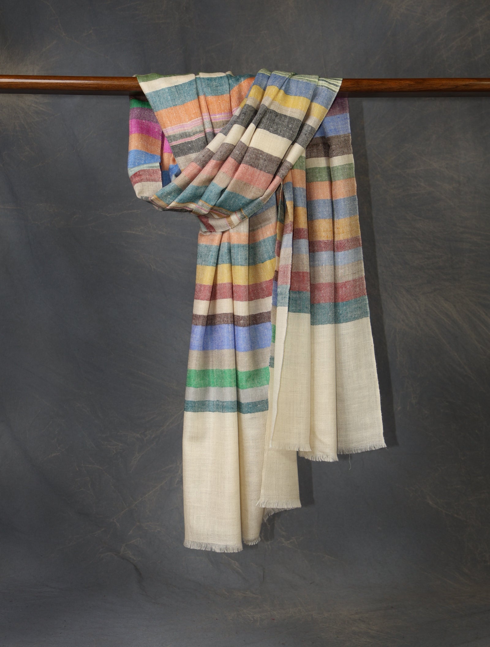 Ivory Base With Big Striped handwoven Cashmere Pashmina Scarf