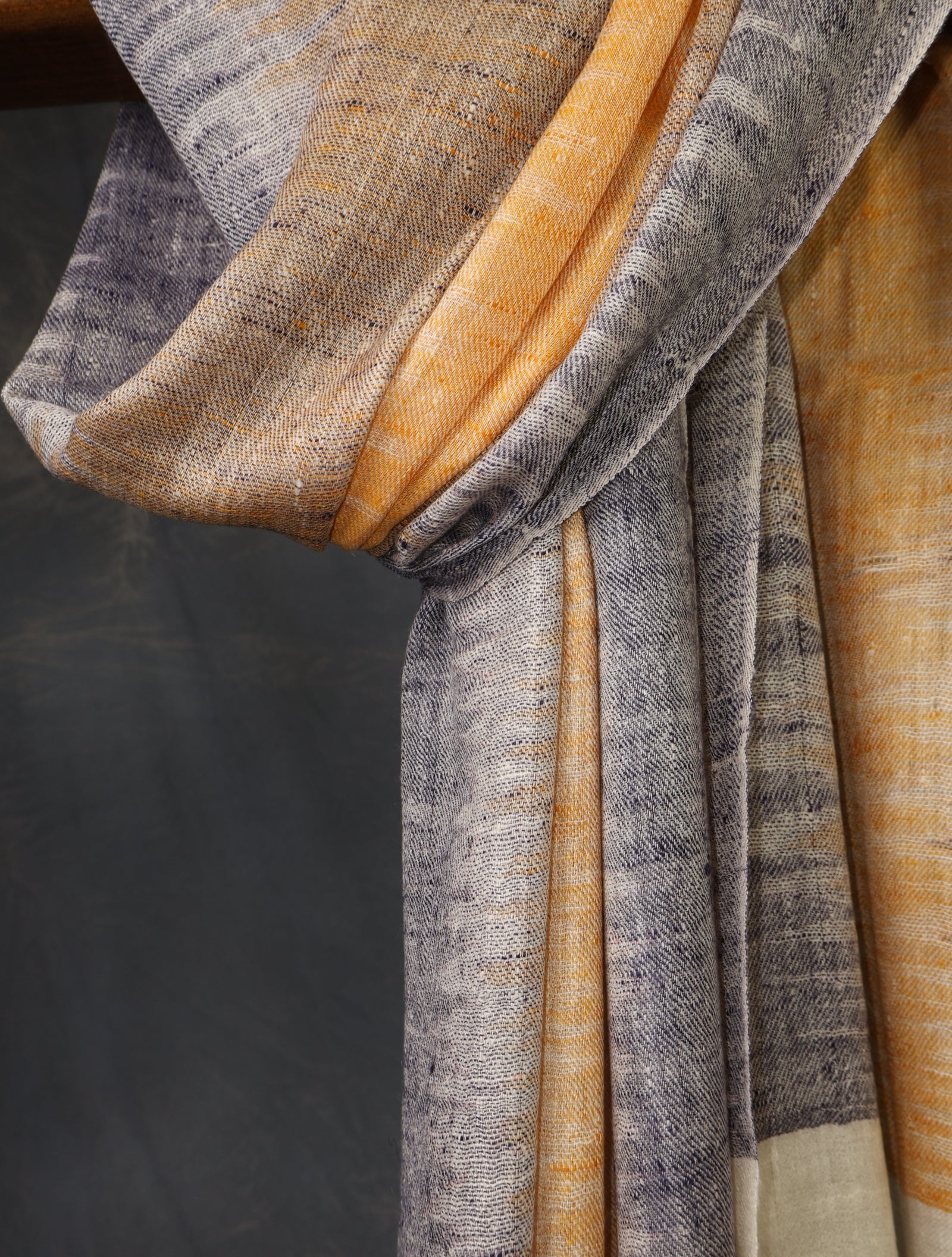 Ivory Base Mustard Ikkat Handwoven Cashmere Pashmina Scarf