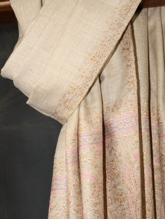 Natural Base Big Border Embroidery Cashmere Pashmina Shawl