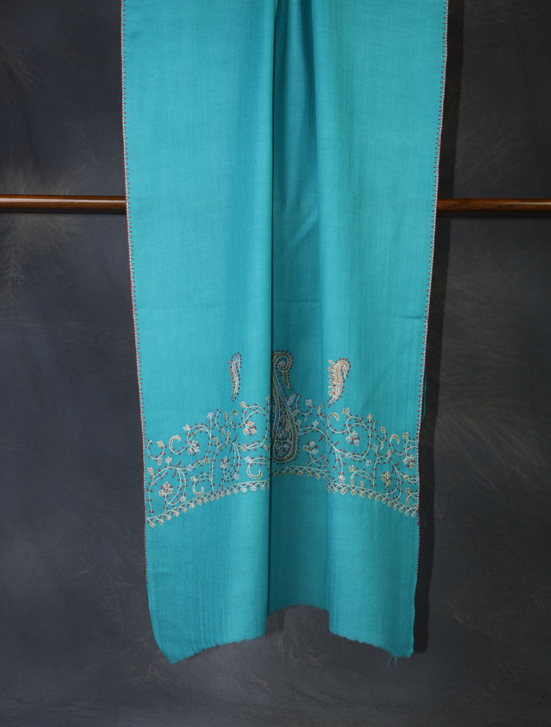 Blue Big Border Sozni Embroidery Merino Wool Scarf