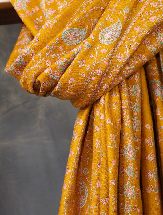 Mustard jali Embroidery Cashmere Pashmina Shawl