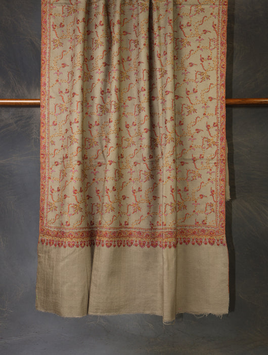 Beige Jali Embroidery Cashmere Pashmina Shawl