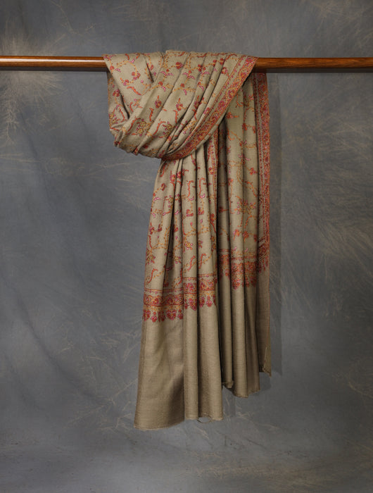 Beige Jali Embroidery Cashmere Pashmina Shawl