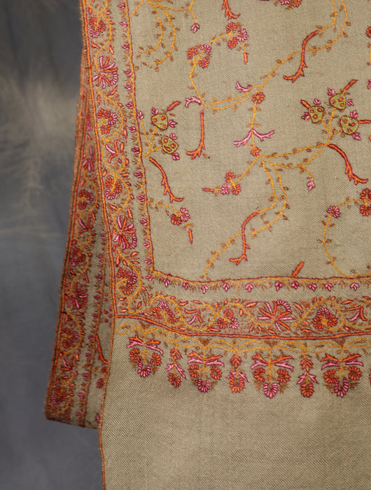 Beige Jali Embroidery Cashmere Pashmina Shawl