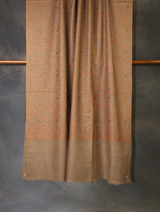 Brown Color Jali Embroidery Cashmere Pashmina Shawl