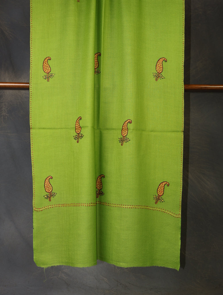 Green Base Buteh Merino Sozni Hand Embroidery Scarf