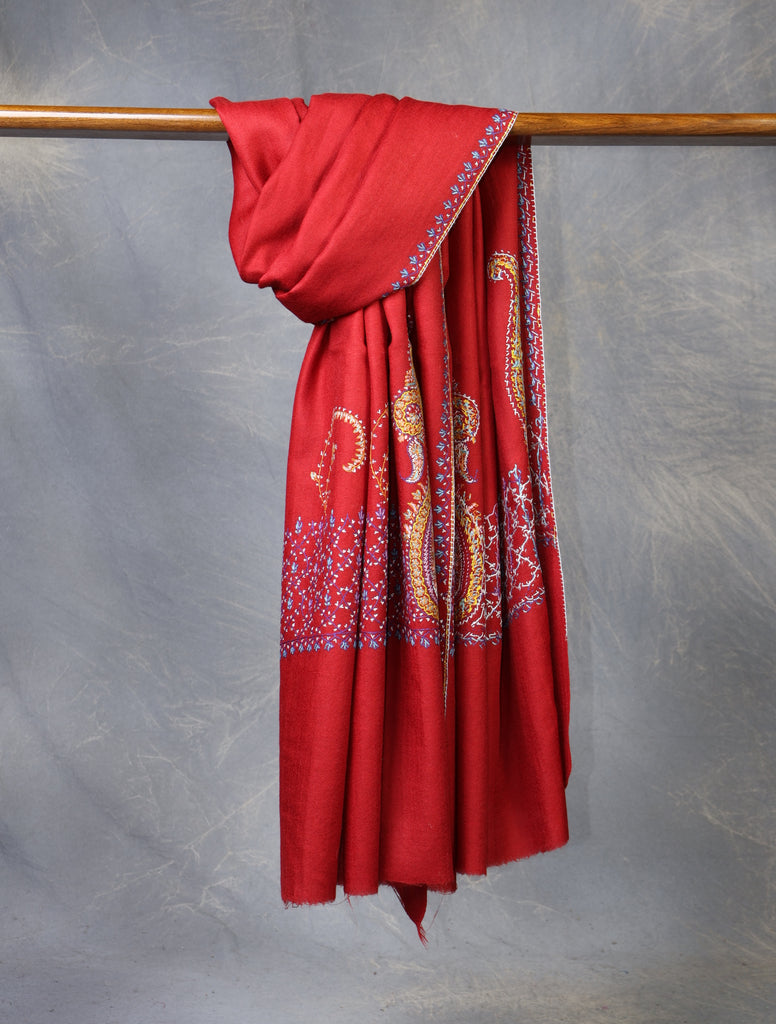 Red Base With Big Border Embroidery Merino Shawl
