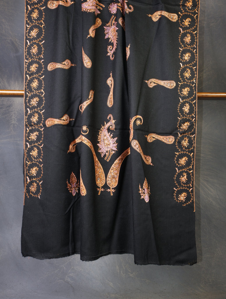 Black Base With Golden Tone Paisley And Border Embroidery Merino Shawl