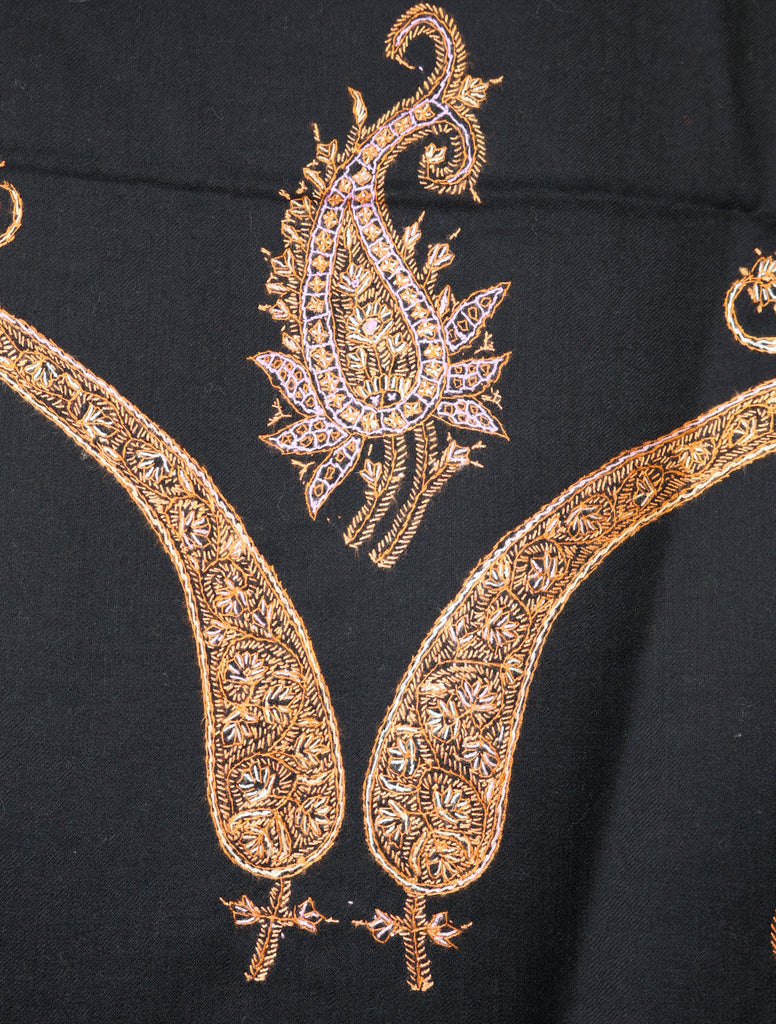 Black Base With Golden Tone Paisley And Border Embroidery Merino Shawl