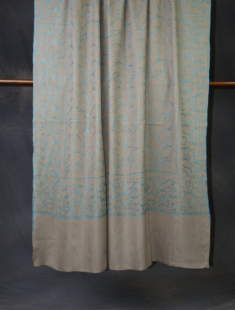 Natural Base Blue Jali Sozni Merino Embroidery Shawl