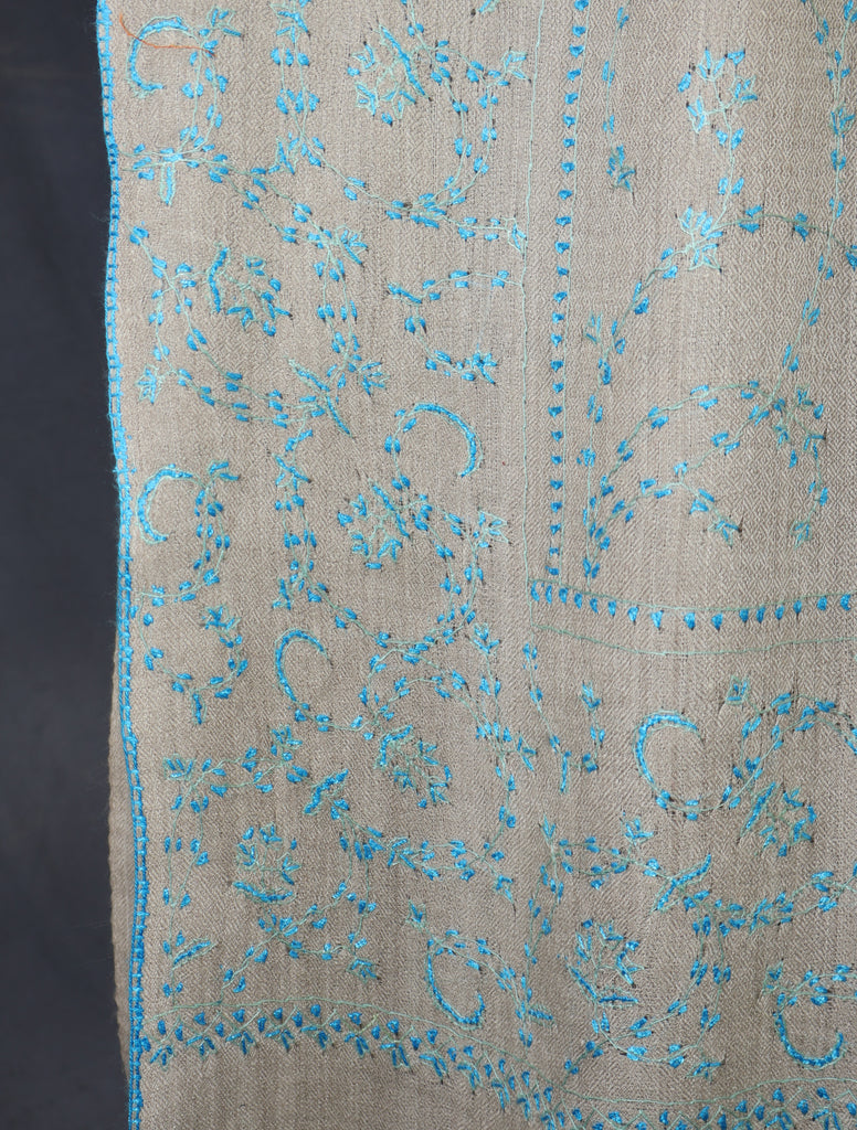 Natural Base Blue Jali Sozni Merino Embroidery Shawl