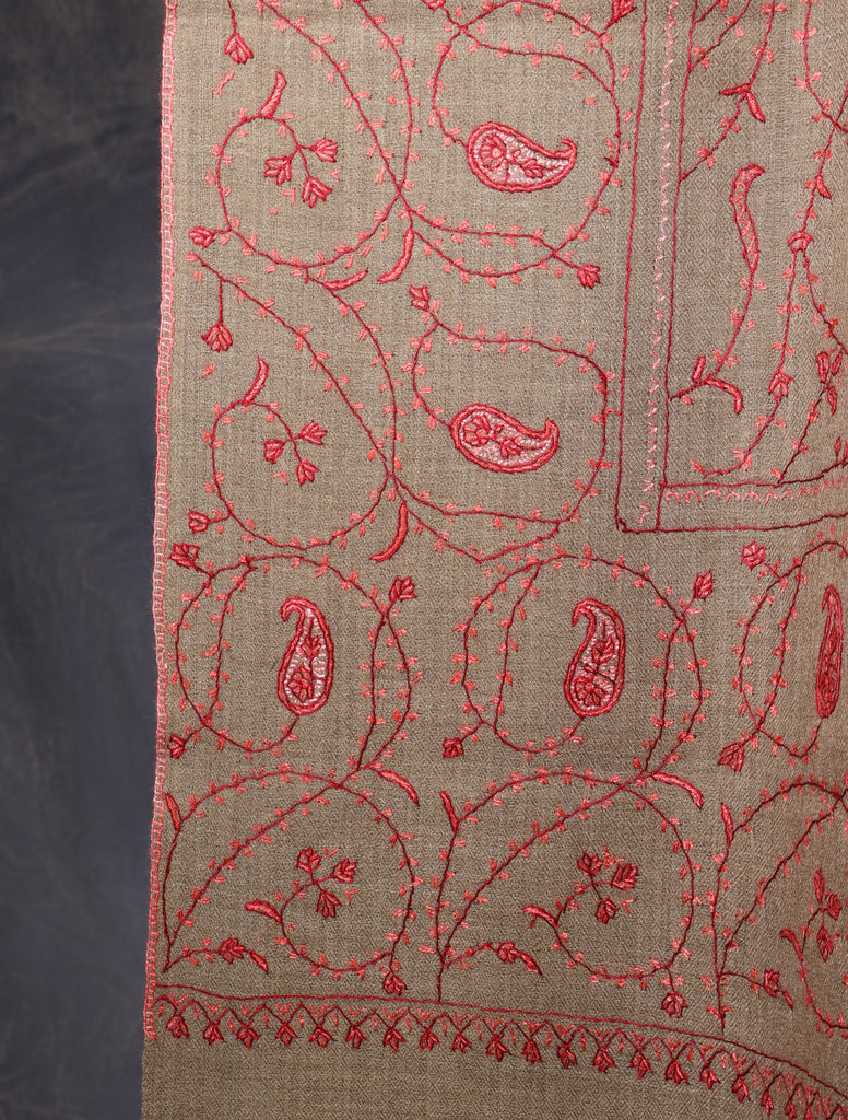 Beige Base Red Jali Sozni Merino Embroidery Shawl