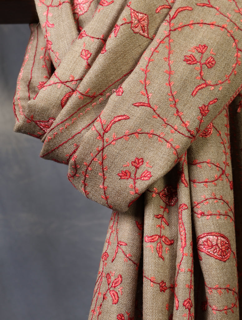 Beige Base Red Jali Sozni Merino Embroidery Shawl