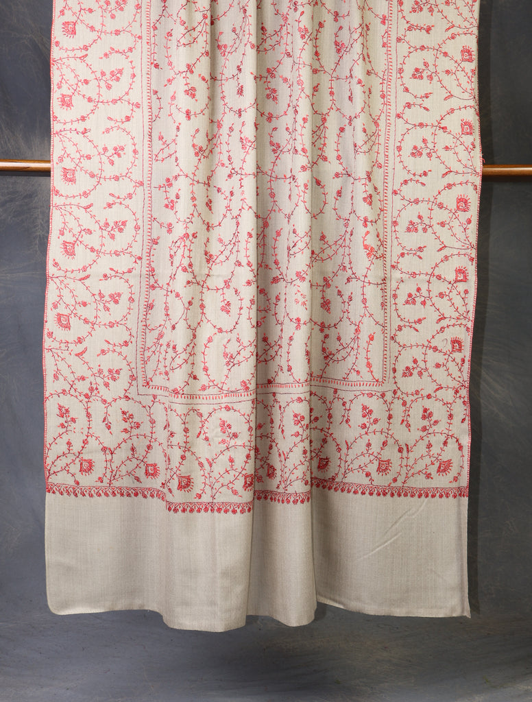 Natural Base Red Jali Sozni Merino Embroidery Shawl