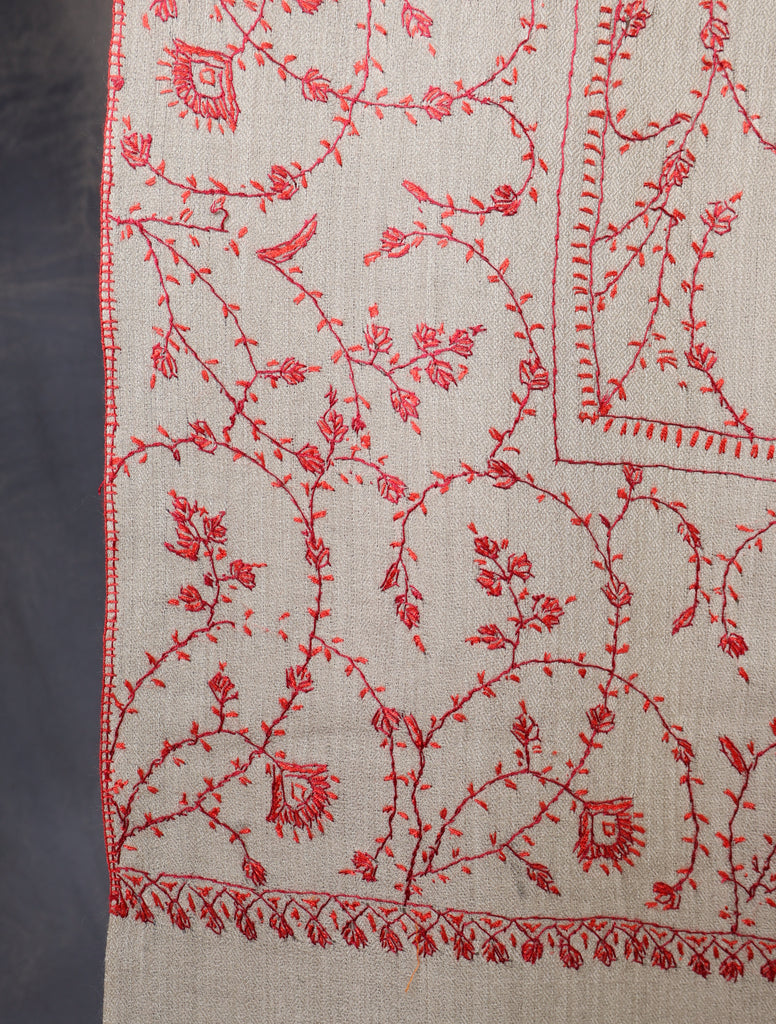 Natural Base Red Jali Sozni Merino Embroidery Shawl