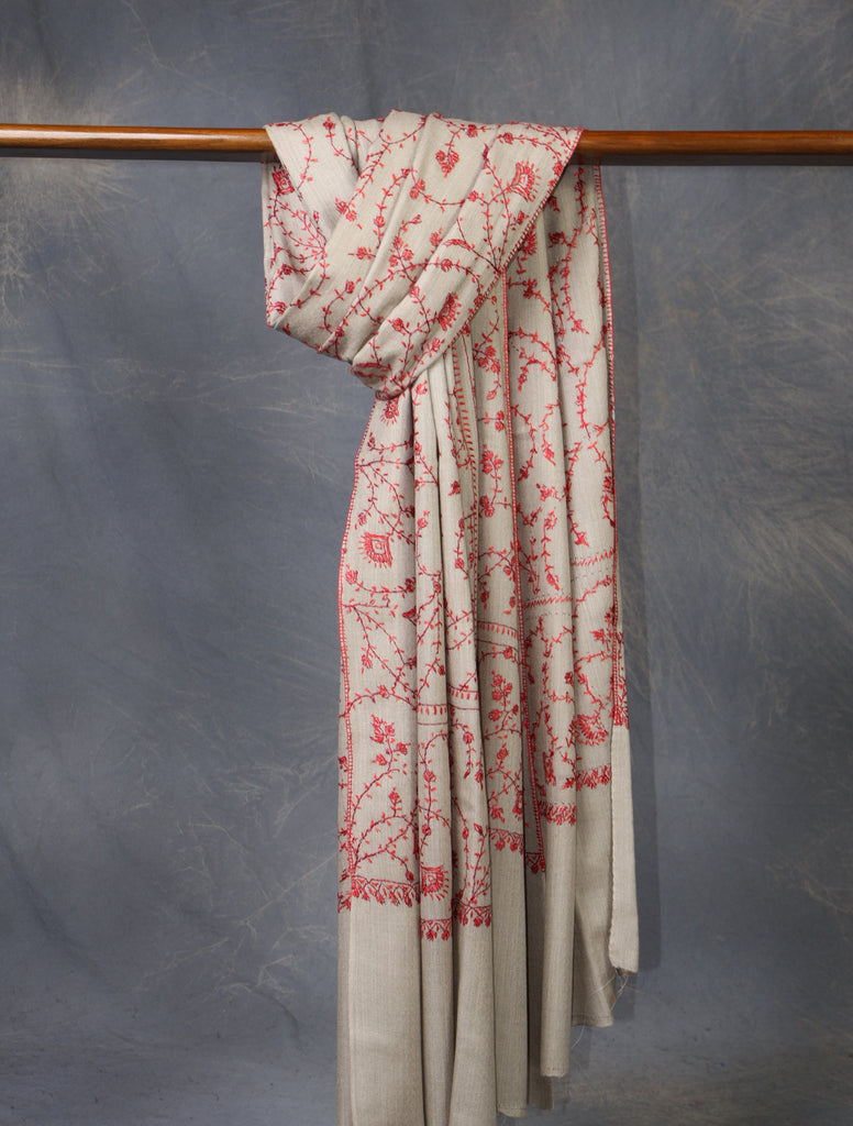 Natural Base Red Jali Sozni Merino Embroidery Shawl