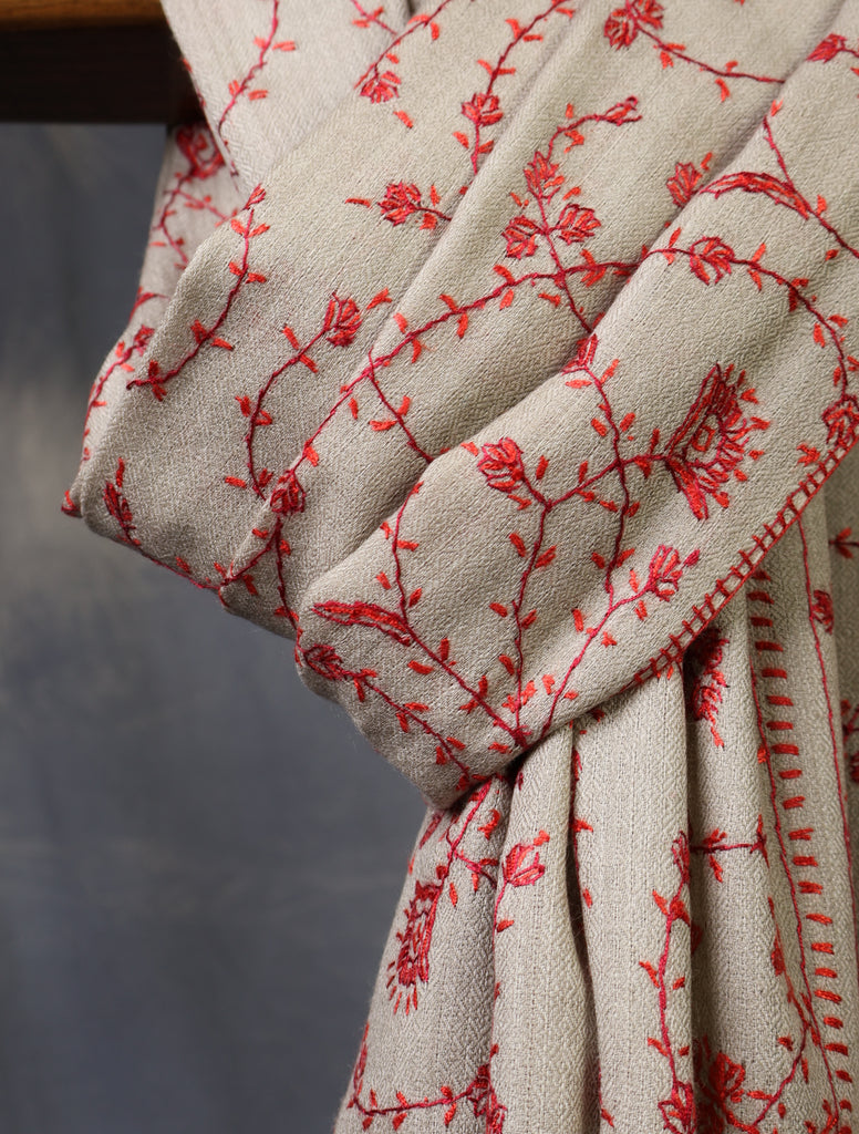 Natural Base Red Jali Sozni Merino Embroidery Shawl